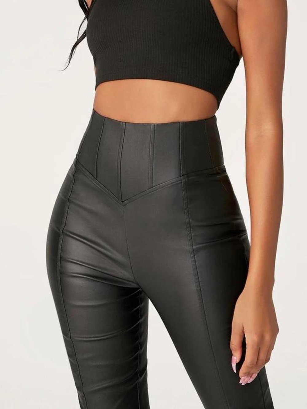 Meshki Zima Black High-Waist Corset Faux-Leather Leggings
